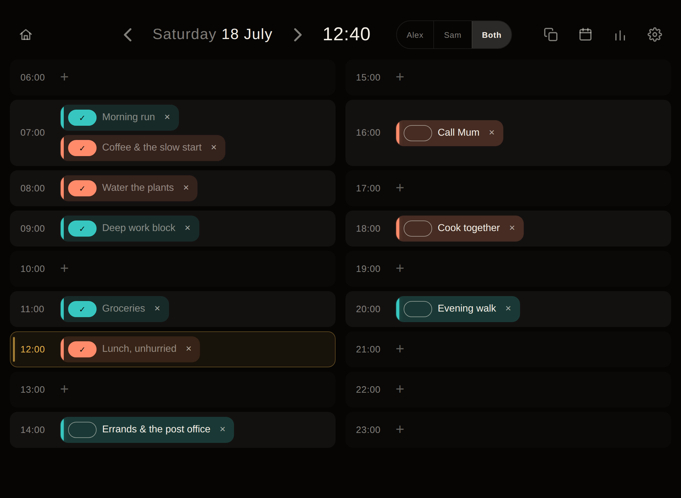 DayTable's day view: an hourly grid shared by Alex (teal) and Sam (coral) — the morning checked off, an amber now-line at midday, the evening still open.
